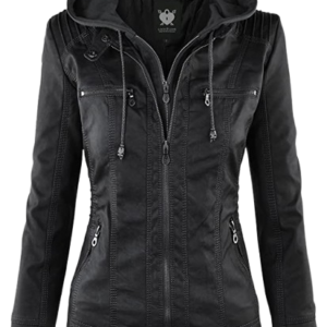 Lock and Love Women's Removable Hooded Faux Leather Moto Biker Jacket